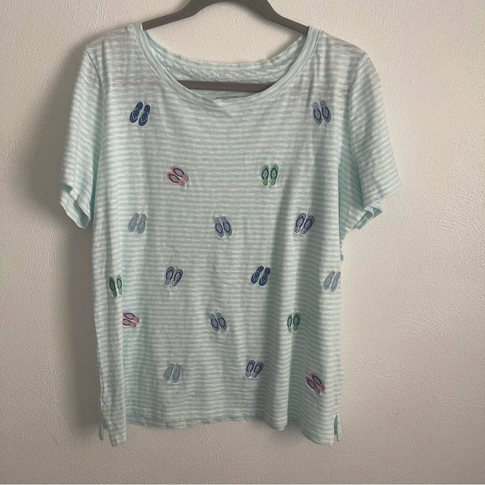 Talbots women’s Short Sleeve Striped Embroidered Flip Flop Shirt Size large